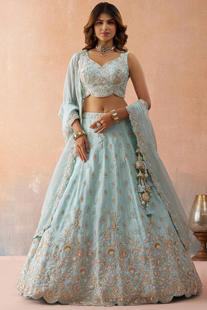 Blue Floral Embroidered Tissue Lehenga (ACA5927)
