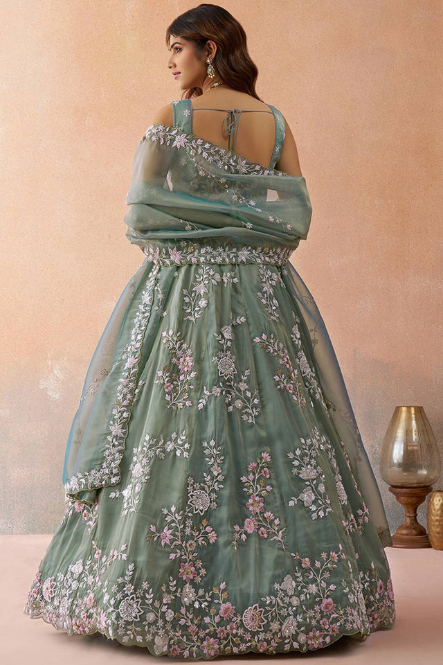 Green Floral Embroidered Tissue Lehenga (ACA5928)