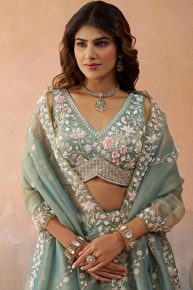 Green Floral Embroidered Tissue Lehenga (ACA5928)