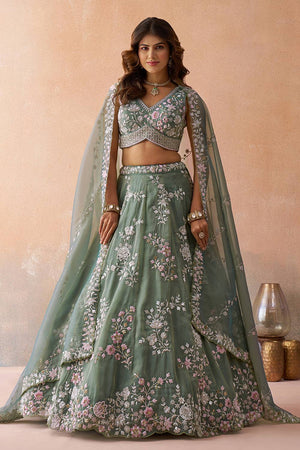 Green Floral Embroidered Tissue Lehenga (ACA5928)