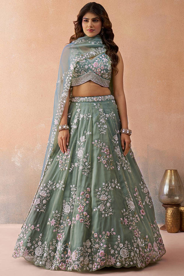 Green Floral Embroidered Tissue Lehenga (ACA5928)