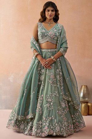 Green Floral Embroidered Tissue Lehenga (ACA5928)