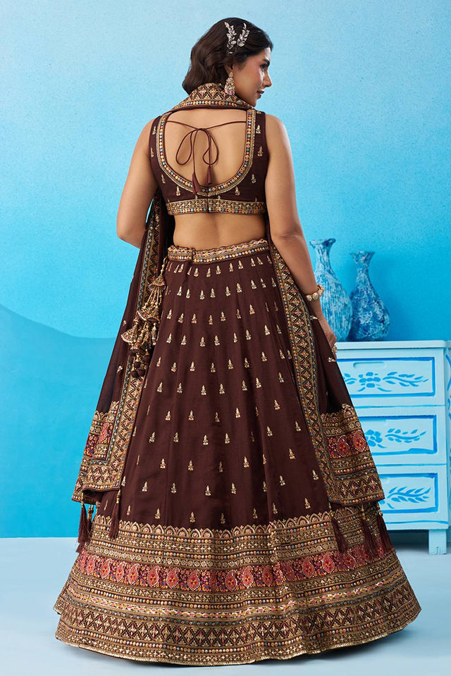 Brown Embroidered Chinon Lehenga (ACA5929)