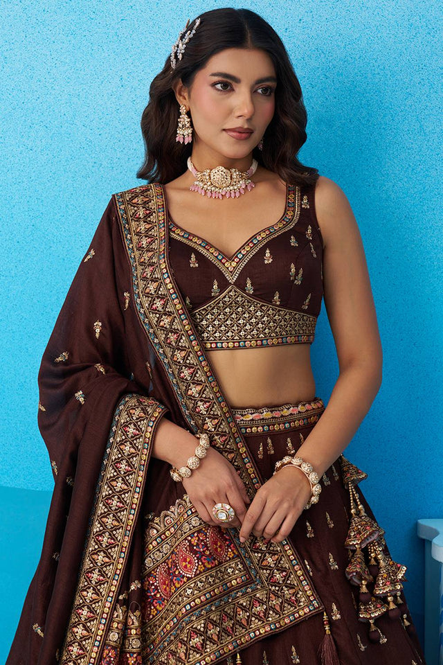 Brown Embroidered Chinon Lehenga (ACA5929)