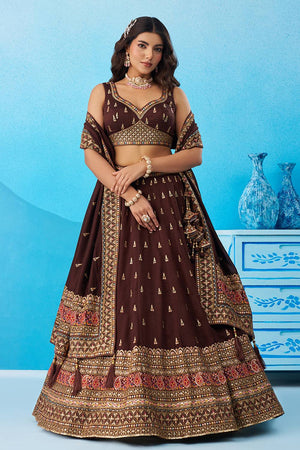 Brown Embroidered Chinon Lehenga (ACA5929)