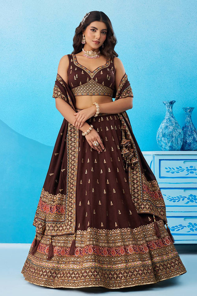 Brown Embroidered Chinon Lehenga (ACA5929)