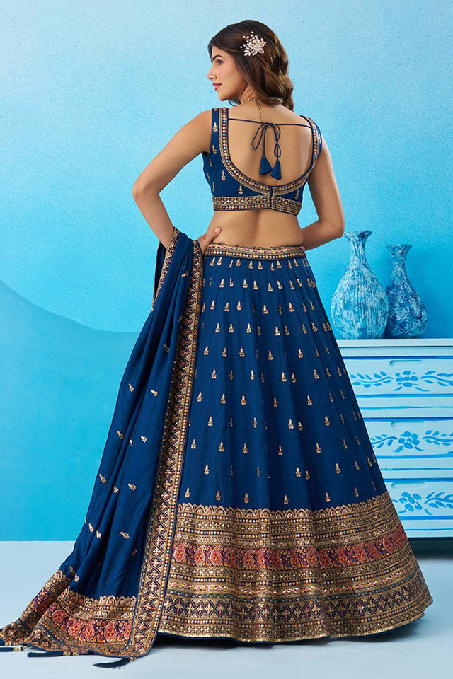 Turquoise Embroidered Chinon Lehenga (ACA5930)