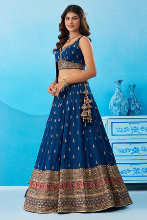 Turquoise Embroidered Chinon Lehenga (ACA5930)