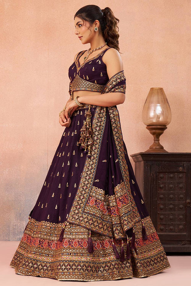Violet Embroidered Chinon Lehenga (ACA5931)