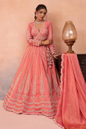 Peach Floral Embroidered Tissue Lehenga (ACA5933)