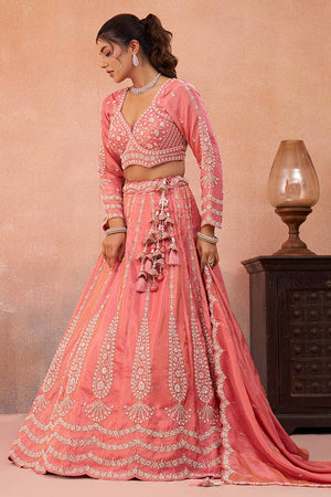 Peach Floral Embroidered Tissue Lehenga (ACA5933)