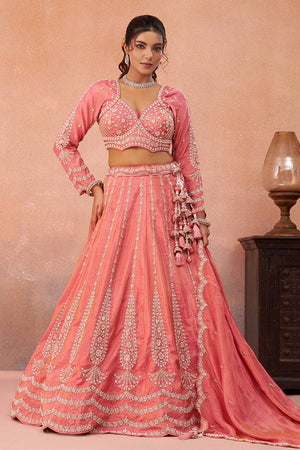 Peach Floral Embroidered Tissue Lehenga (ACA5933)