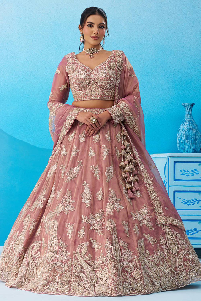 Pink Floral Embroidered Tissue Lehenga (ACA5934)