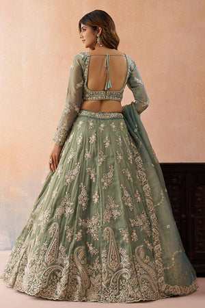 Green Floral Embroidered Tissue Lehenga (ACA5935)