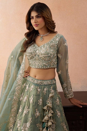 Green Floral Embroidered Tissue Lehenga (ACA5935)