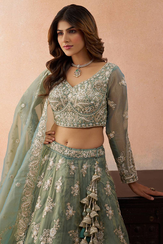 Green Floral Embroidered Tissue Lehenga (ACA5935)