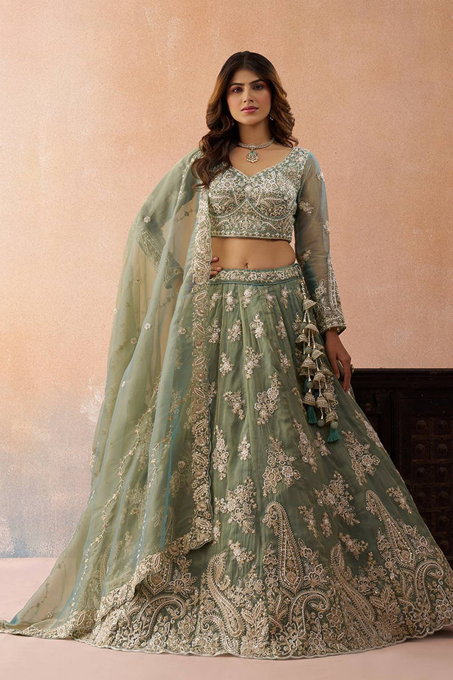 Green Floral Embroidered Tissue Lehenga (ACA5935)
