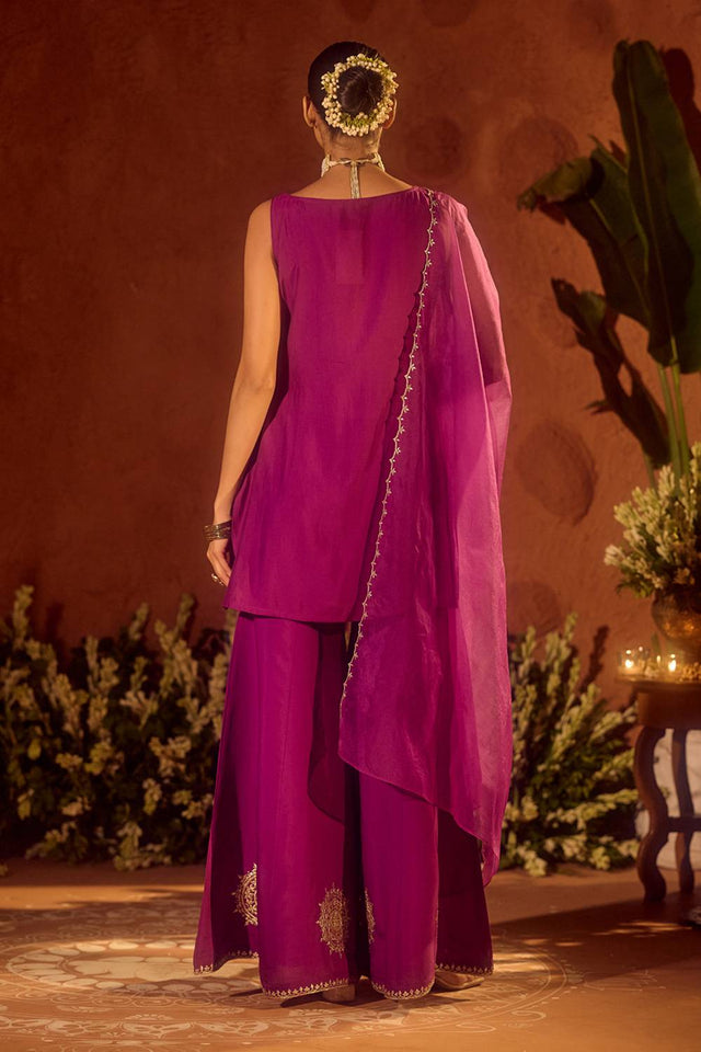Violet Embroidered Chanderi Palazzo Suits (ACA5936)