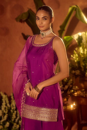 Violet Embroidered Chanderi Palazzo Suits (ACA5936)