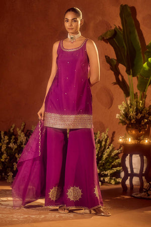 Violet Embroidered Chanderi Palazzo Suits (ACA5936)