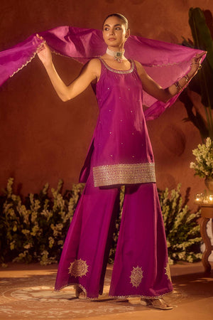 Violet Embroidered Chanderi Palazzo Suits (ACA5936)