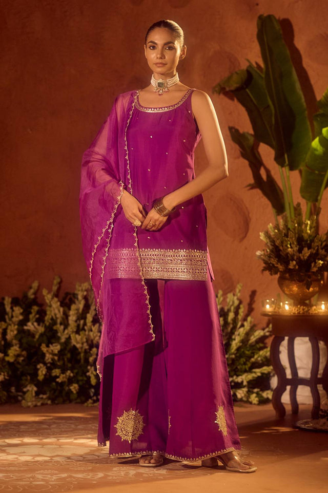 Violet Embroidered Chanderi Palazzo Suits (ACA5936)