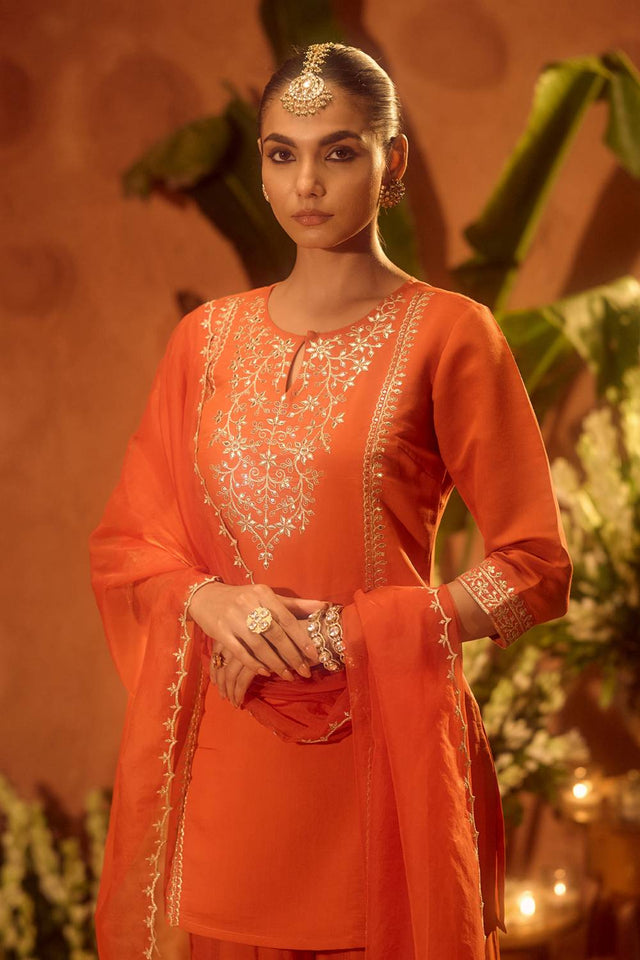 Orange Sequin with Floral Embroidered Chanderi Palazzo Suits (ACA5937)