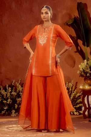 Orange Sequin with Floral Embroidered Chanderi Palazzo Suits (ACA5937)