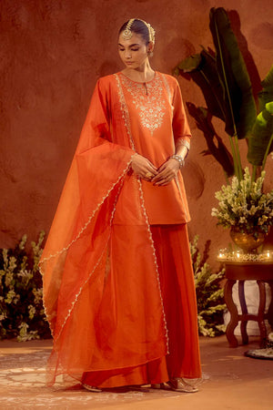 Orange Sequin with Floral Embroidered Chanderi Palazzo Suits (ACA5937)