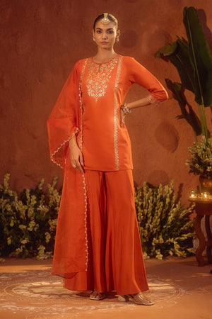 Orange Sequin with Floral Embroidered Chanderi Palazzo Suits (ACA5937)