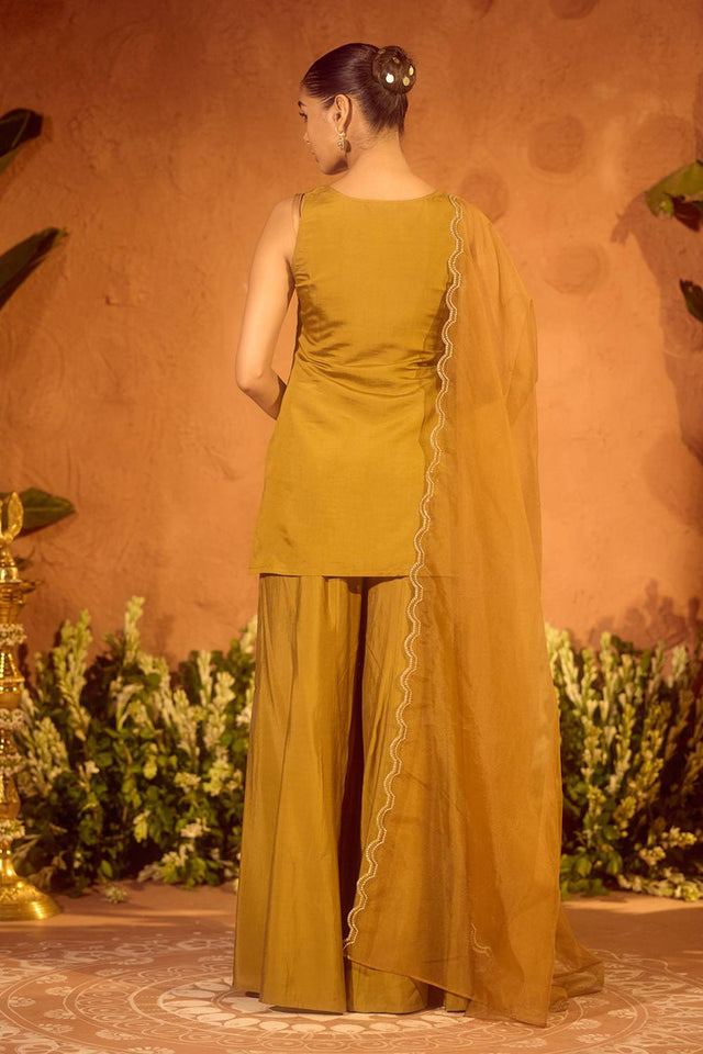 Mustard Embroidered Chanderi Sharara Suits (ACA5940)
