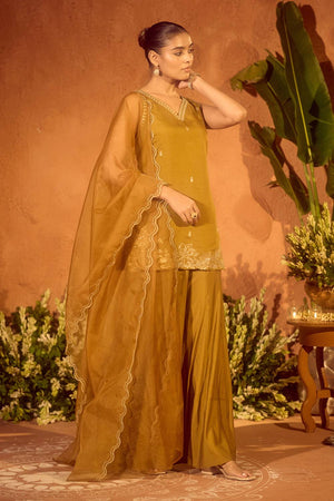 Mustard Embroidered Chanderi Sharara Suits (ACA5940)