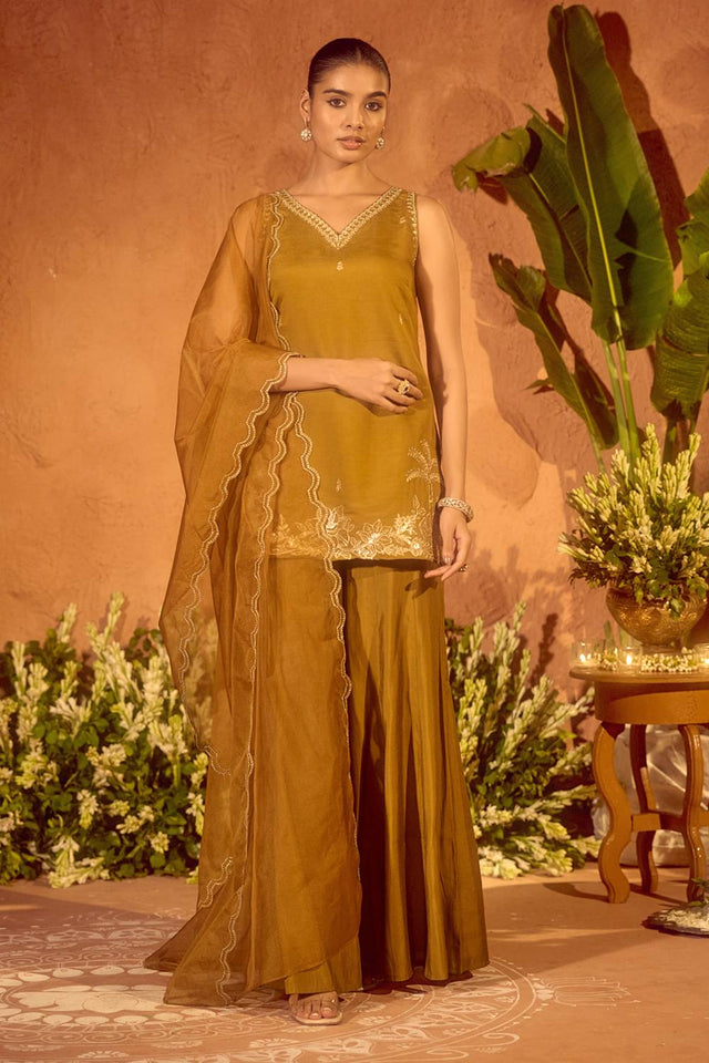 Mustard Embroidered Chanderi Sharara Suits (ACA5940)