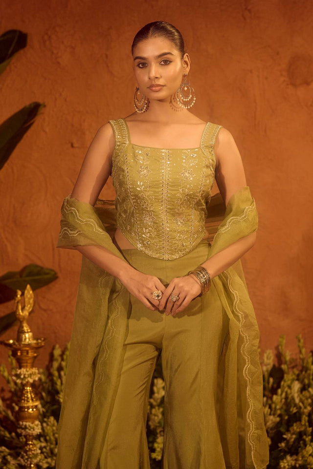 Olive Green Floral Embroidered Chanderi Palazzo Suits (ACA5941)