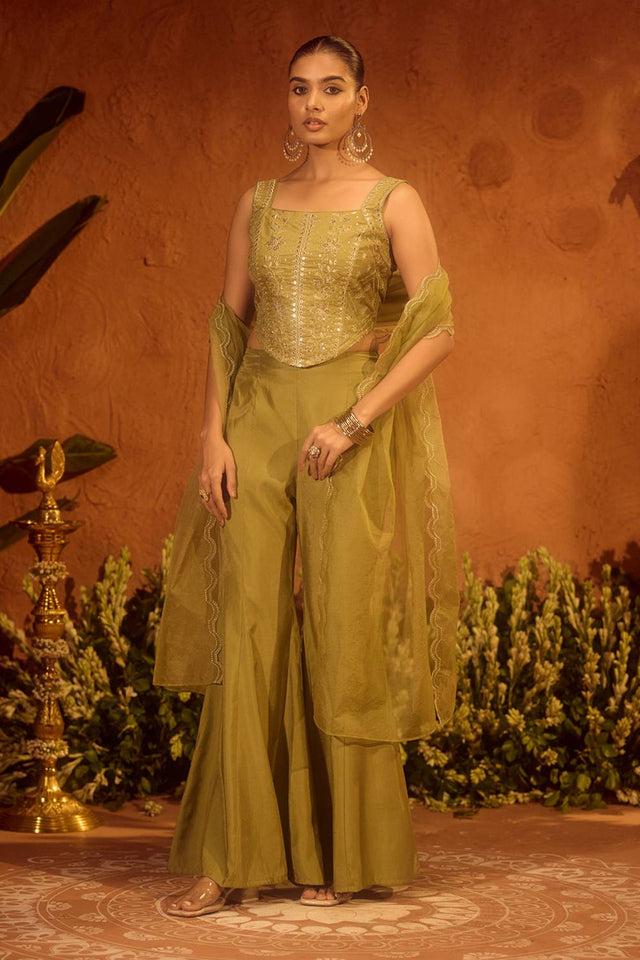 Olive Green Floral Embroidered Chanderi Palazzo Suits (ACA5941)