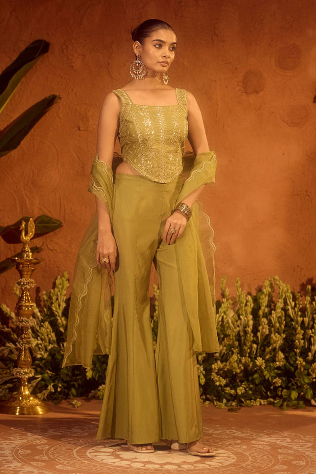 Olive Green Floral Embroidered Chanderi Palazzo Suits (ACA5941)