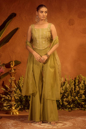 Olive Green Floral Embroidered Chanderi Palazzo Suits (ACA5941)