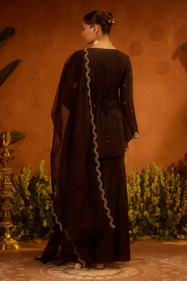 Black Sequin with Embroidered Chanderi Palazzo Suits (ACA5942)
