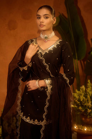 Black Sequin with Embroidered Chanderi Palazzo Suits (ACA5942)
