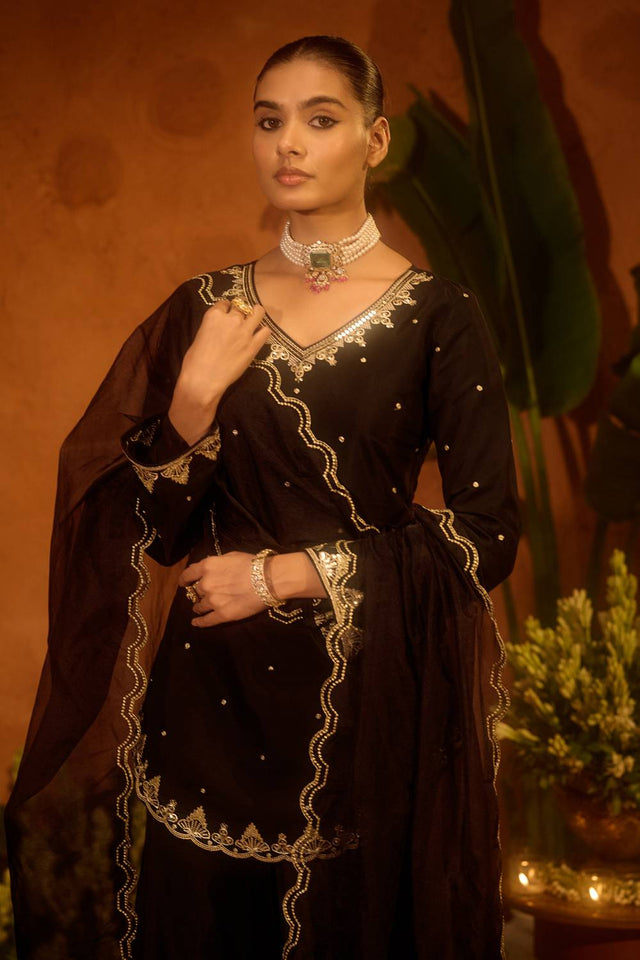 Black Sequin with Embroidered Chanderi Palazzo Suits (ACA5942)