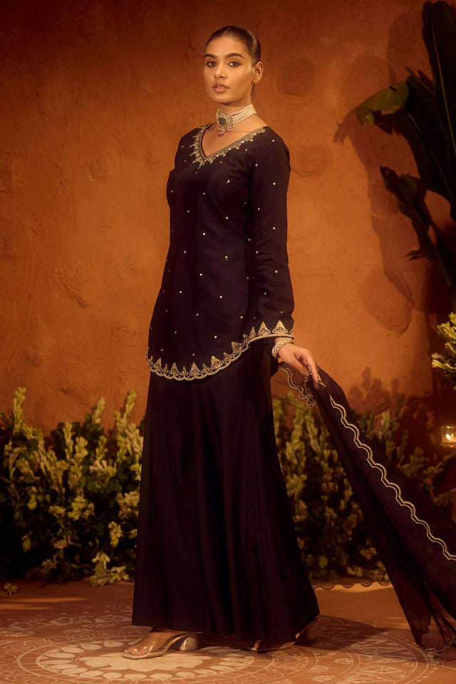 Black Sequin with Embroidered Chanderi Palazzo Suits (ACA5942)