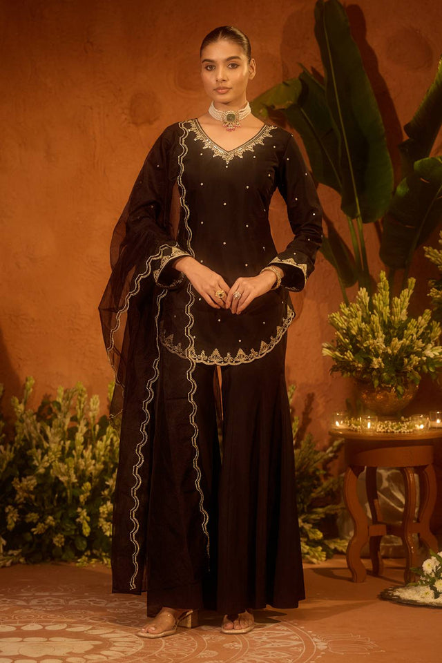 Black Sequin with Embroidered Chanderi Palazzo Suits (ACA5942)