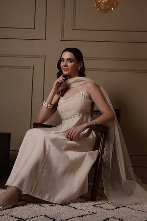 Off White Embroidered Chanderi Anarkali Suits (ACA5943)