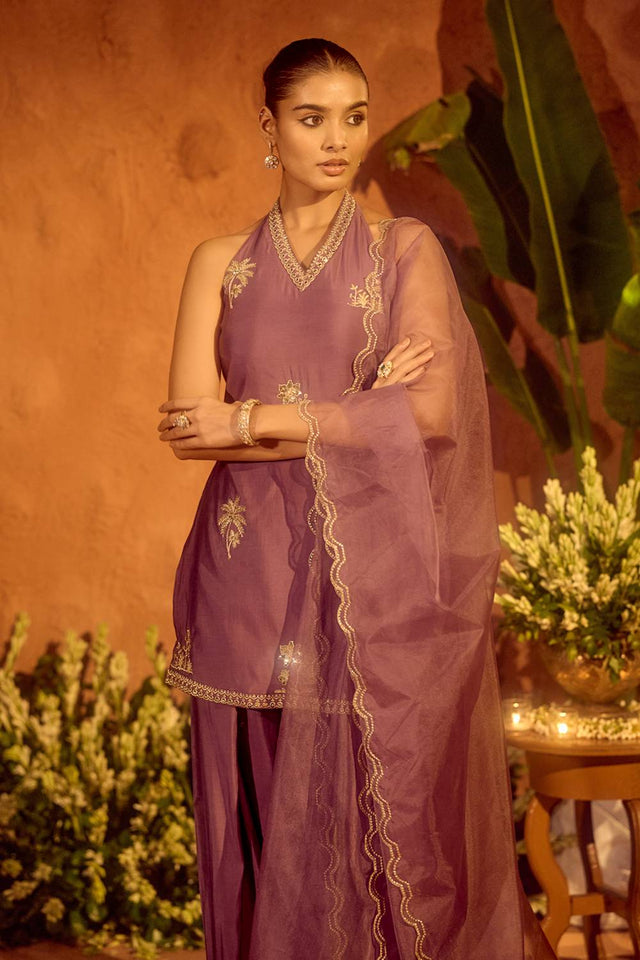 Lavender Embroidered Chanderi Palazzo Suits (ACA5944)