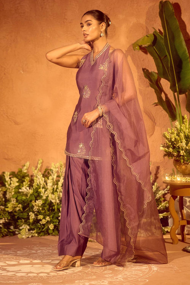 Lavender Embroidered Chanderi Palazzo Suits (ACA5944)
