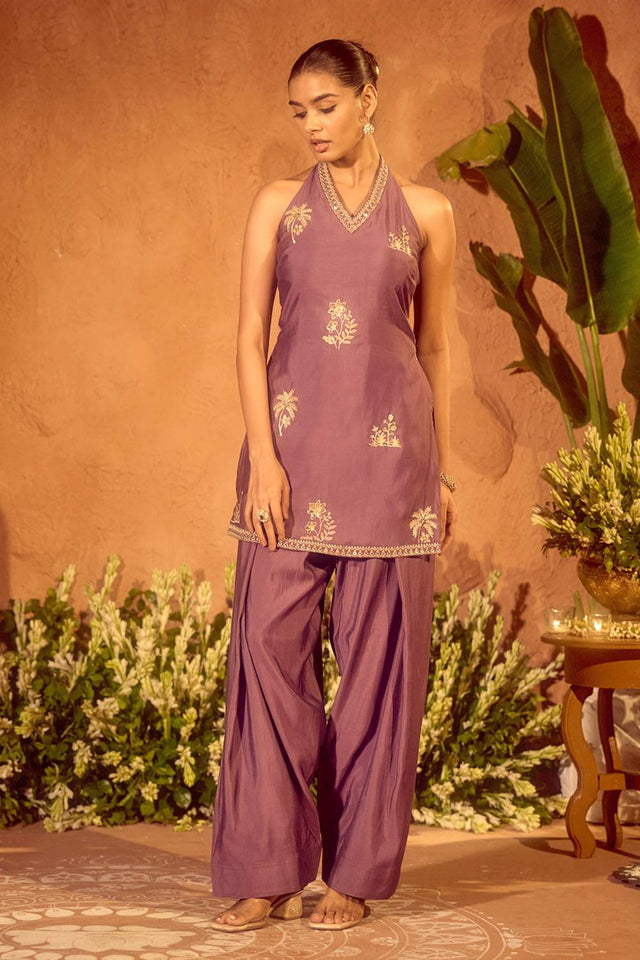 Lavender Embroidered Chanderi Palazzo Suits (ACA5944)