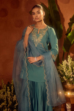 Sea Green Embroidered Chanderi Sharara Suits