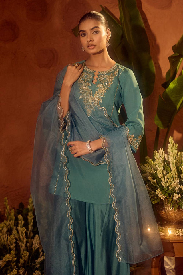 Sea Green Embroidered Chanderi Sharara Suits
