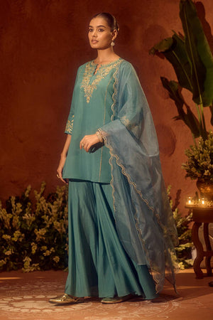 Sea Green Embroidered Chanderi Sharara Suits