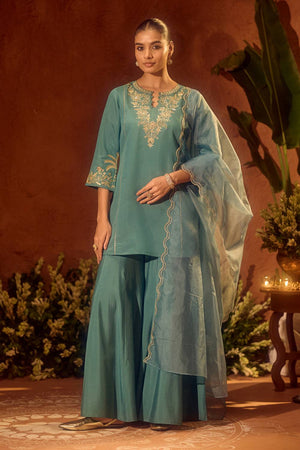 Sea Green Embroidered Chanderi Sharara Suits